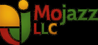 Mojazz LLC logo featuring colorful geometric shapes with orange sun, green and red curved elements